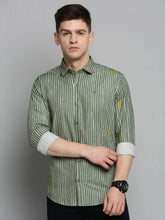 Men Green Striped Casual Shirt-BENTONPRINT-4018-Olive